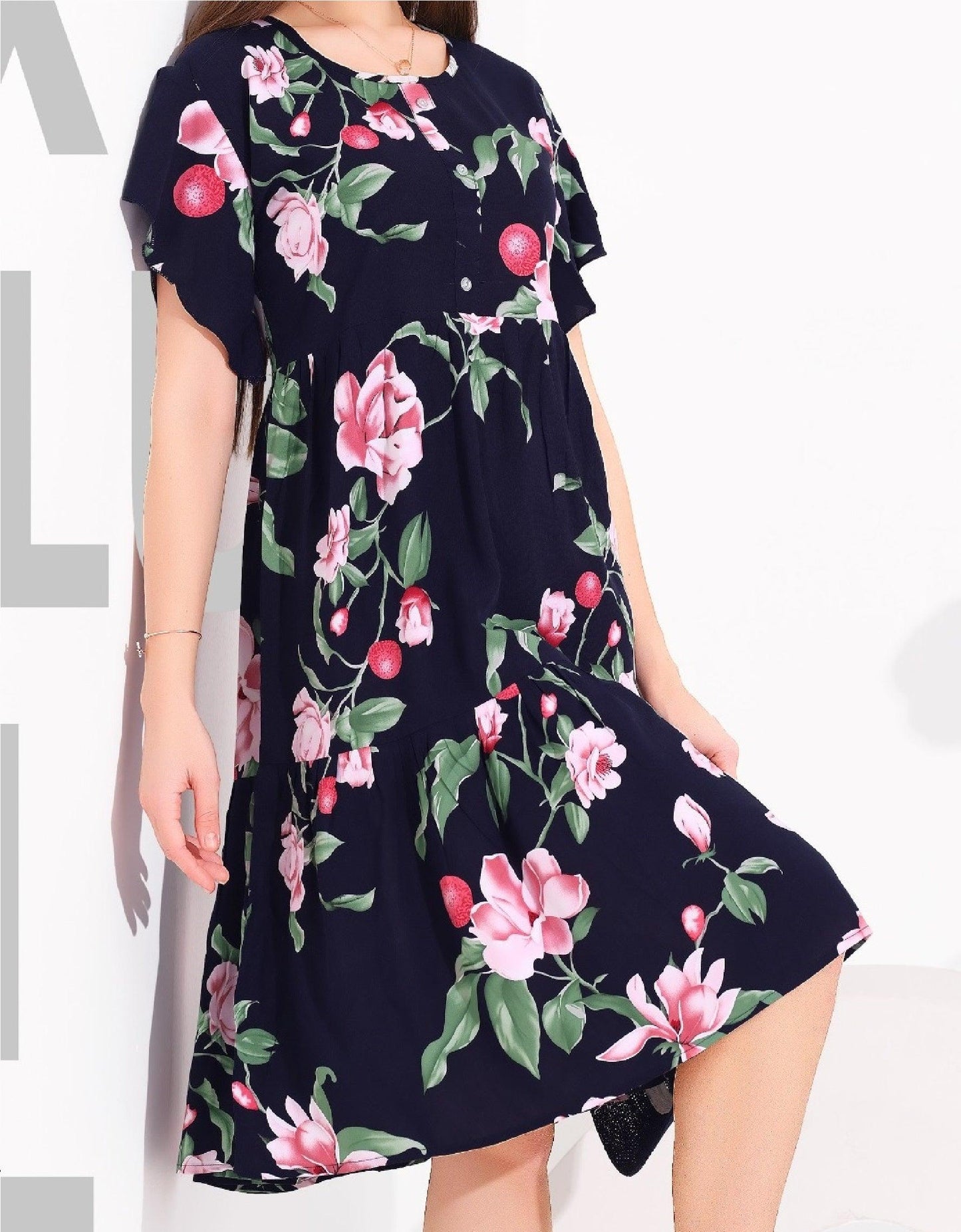 Beautiful Floral Print Rayon Short Nighty with Fancy Sleeves - floramour.in