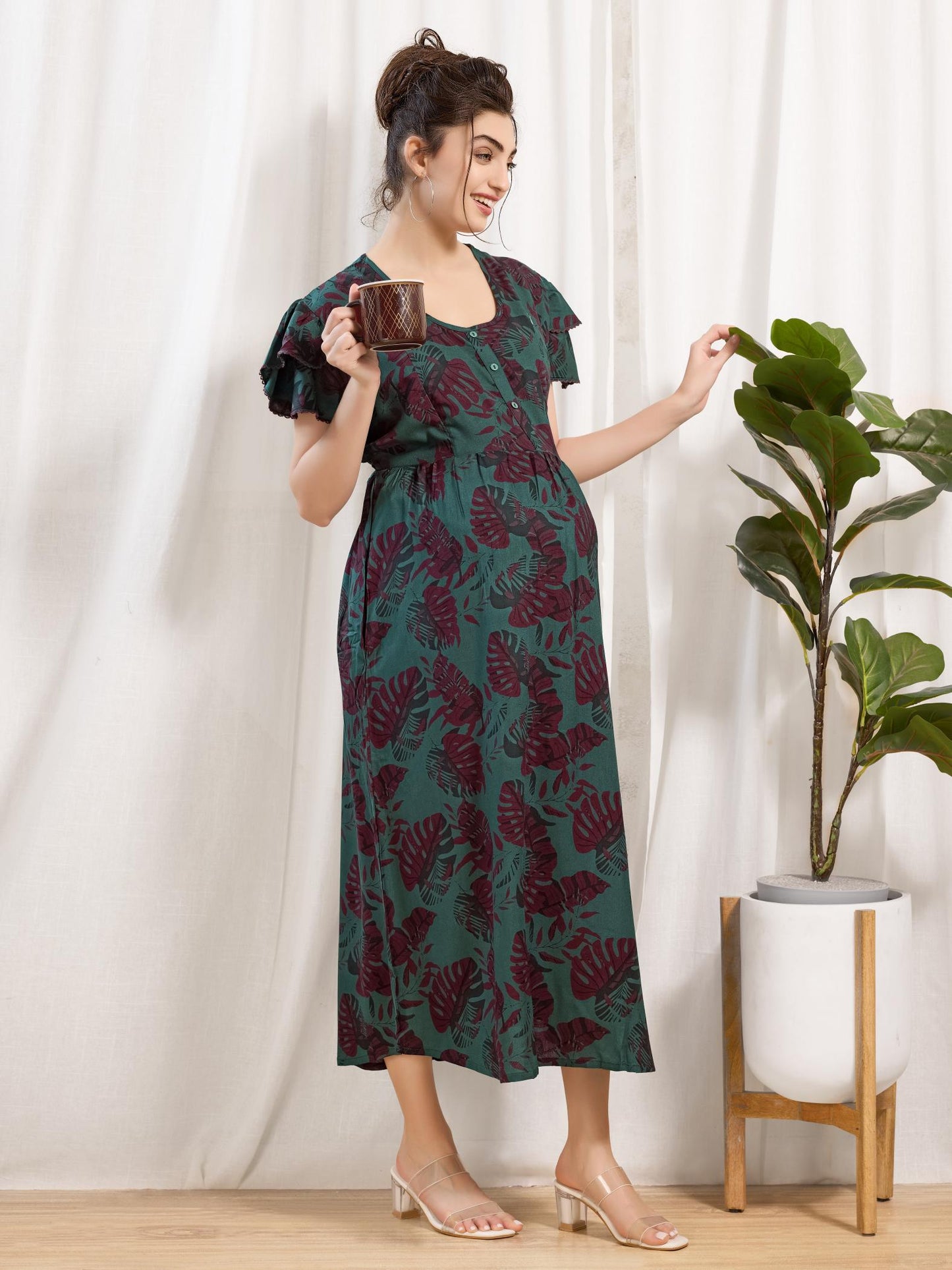 Printed Rayon Maternity Nighty with Feeding Zippers