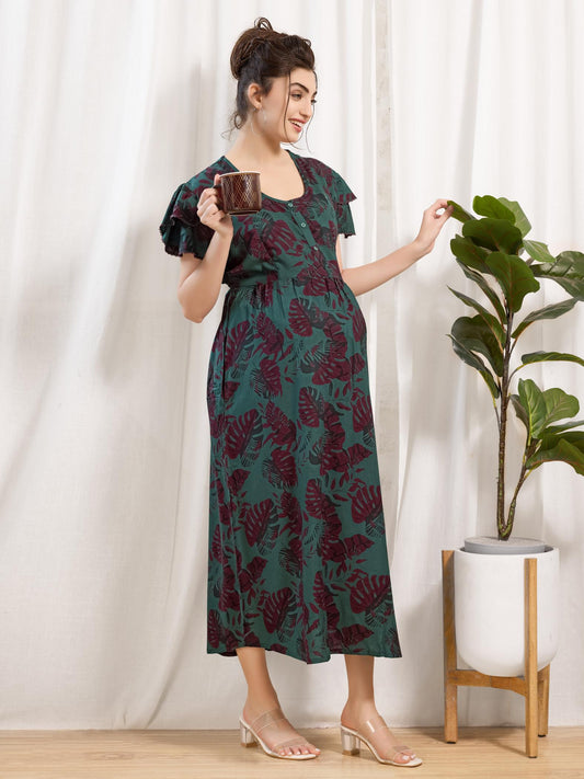 Printed Rayon Maternity Nighty with Feeding Zippers