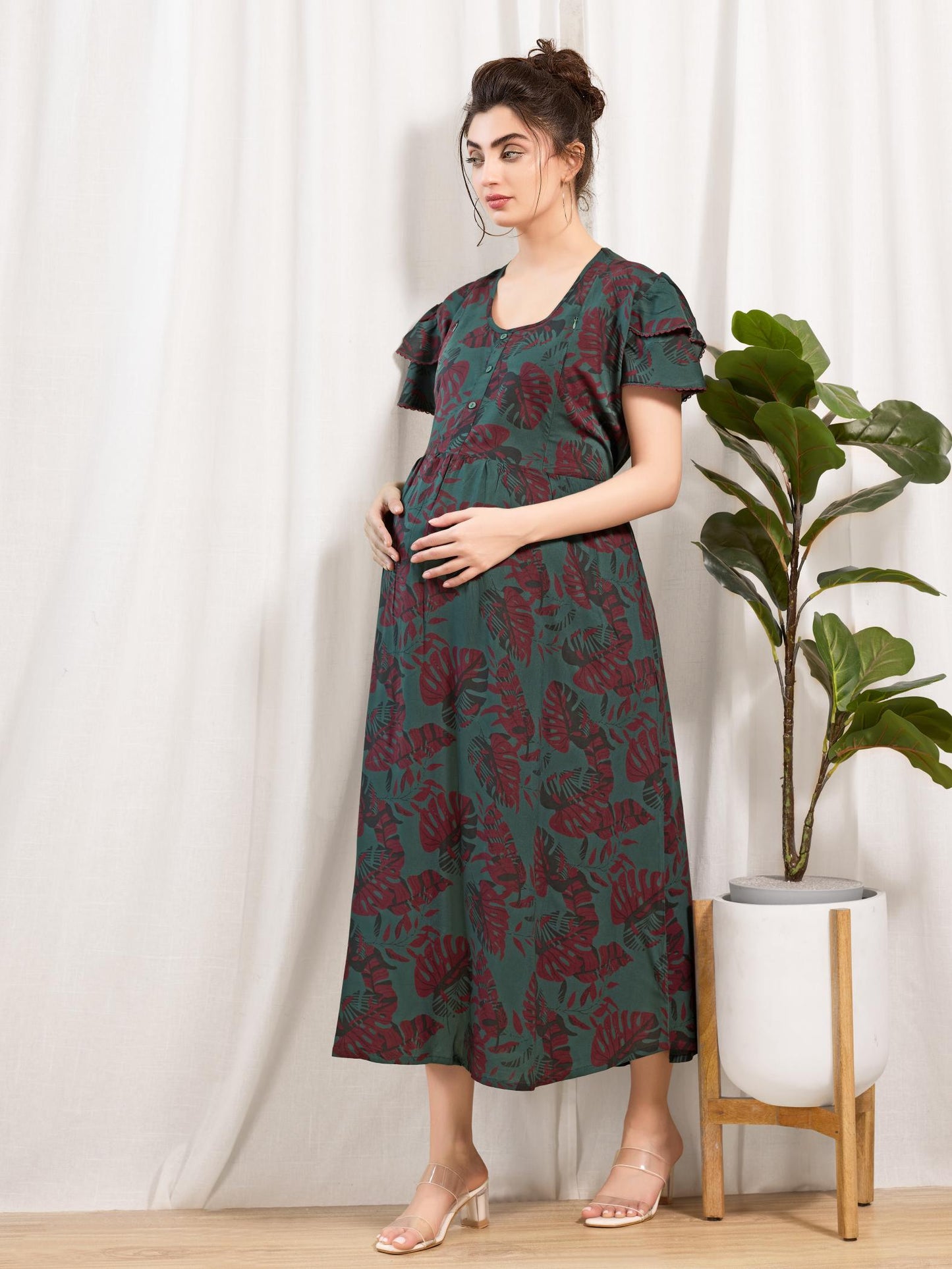 Printed Rayon Maternity Nighty with Feeding Zippers
