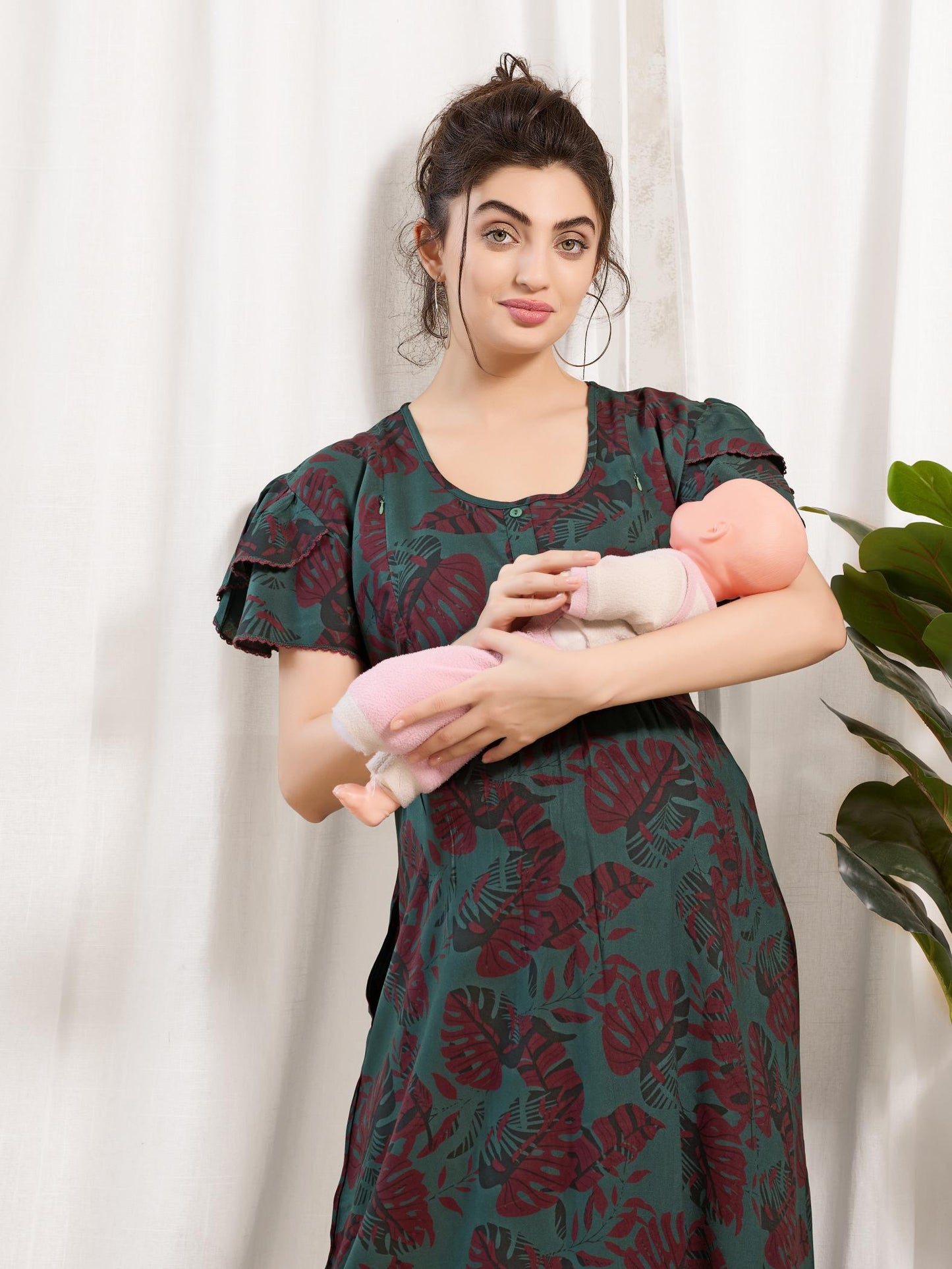 Printed Rayon Maternity Nighty with Feeding Zippers