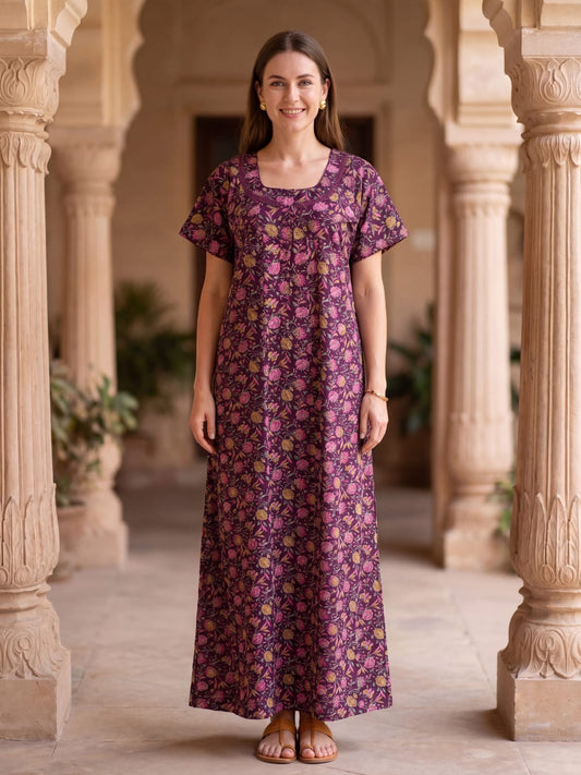 Floral Print Cotton Nighty for Ladies – Breathable Night Dress