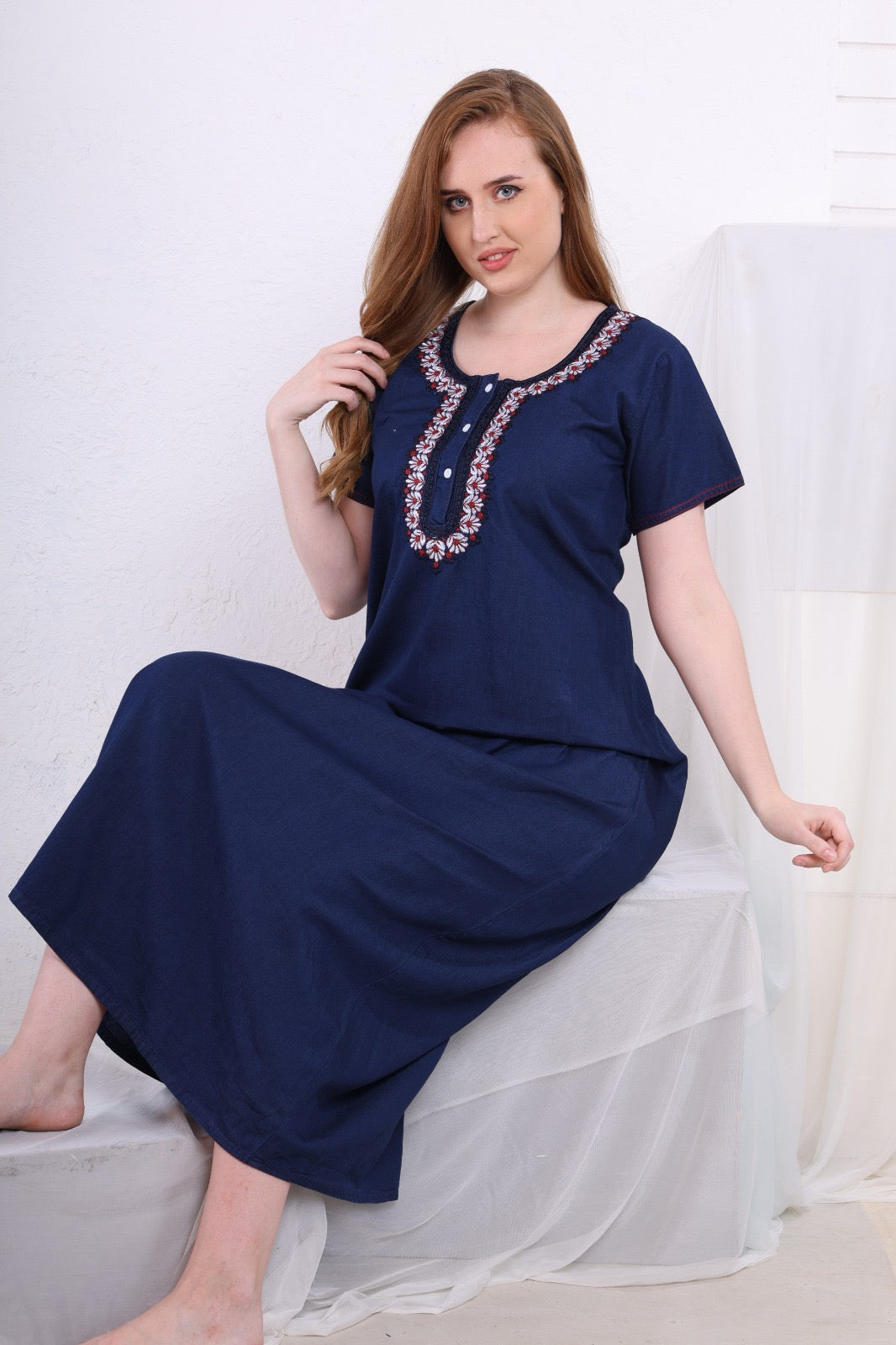 Printed Denim Nighty for Women – Comfortable Cotton Nighty for Home Wear