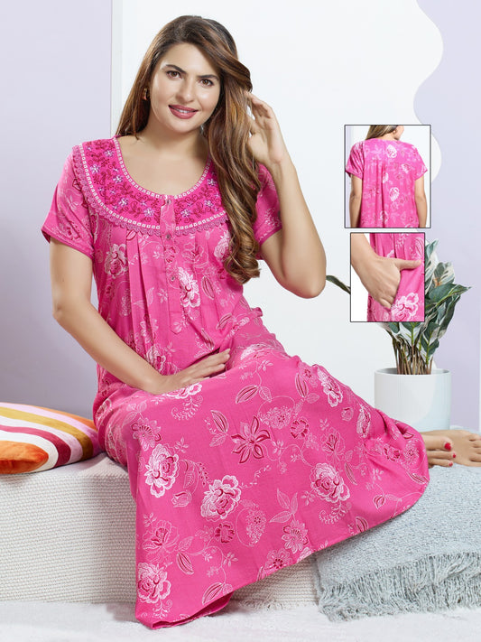 Alpine Embroidery Nighty for Women – Soft & Comfortable Sleepwear
