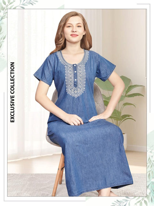 Stylish Denim Nighty for Women – Premium Cotton Nightwear with Relaxed Fit