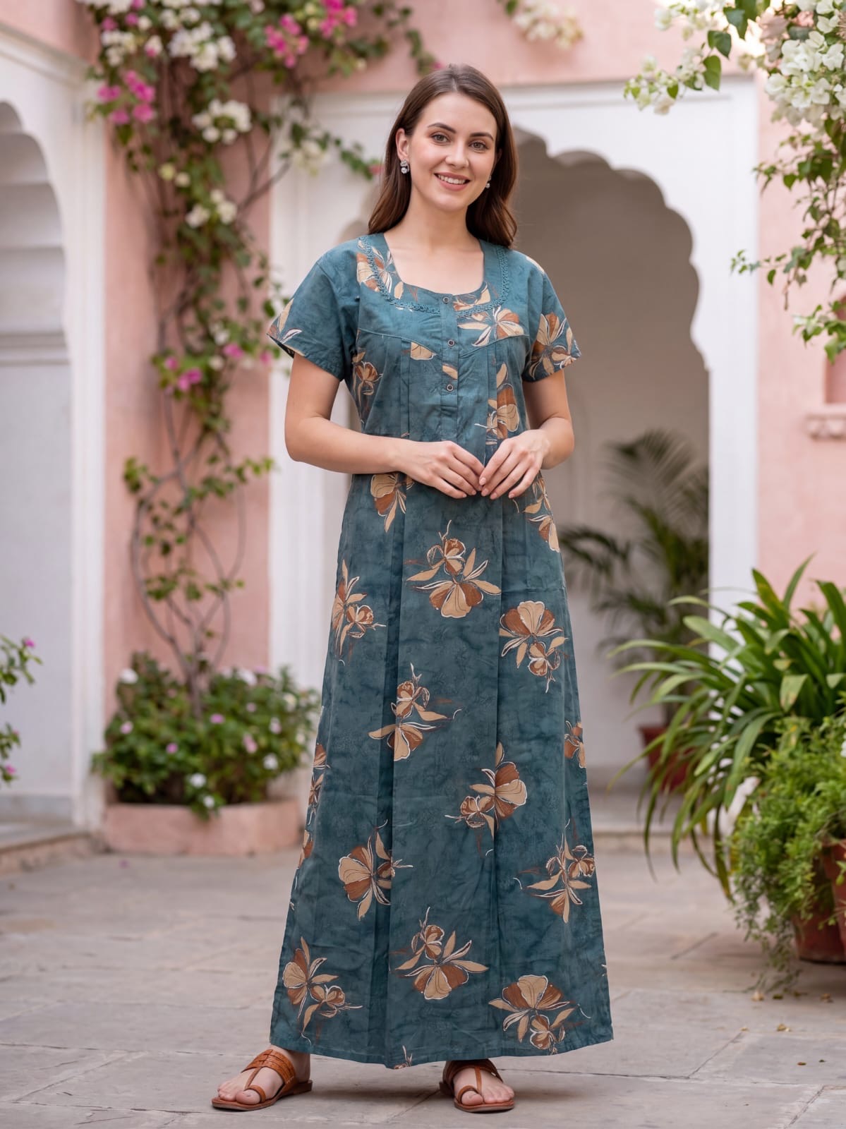 Everyday Wear Cotton Nighty for Women – Elegant Floral Print