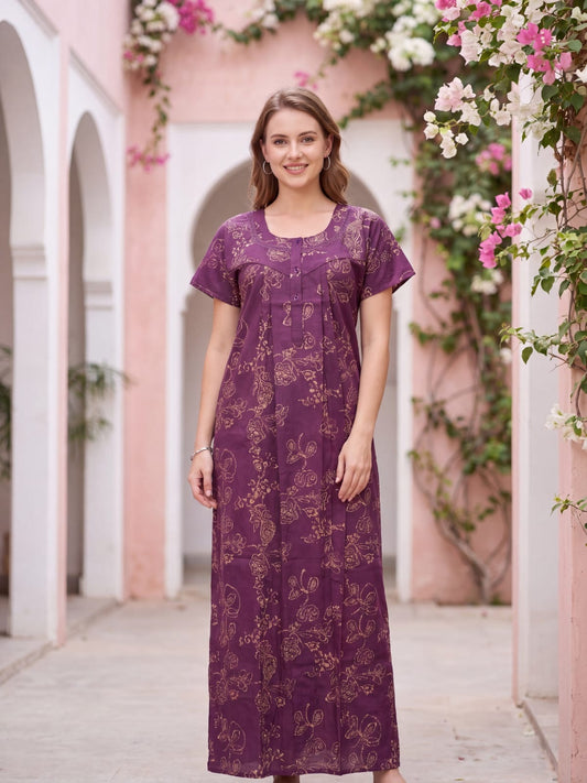 Everyday Wear Cotton Nighty for Women – Elegant Floral Print