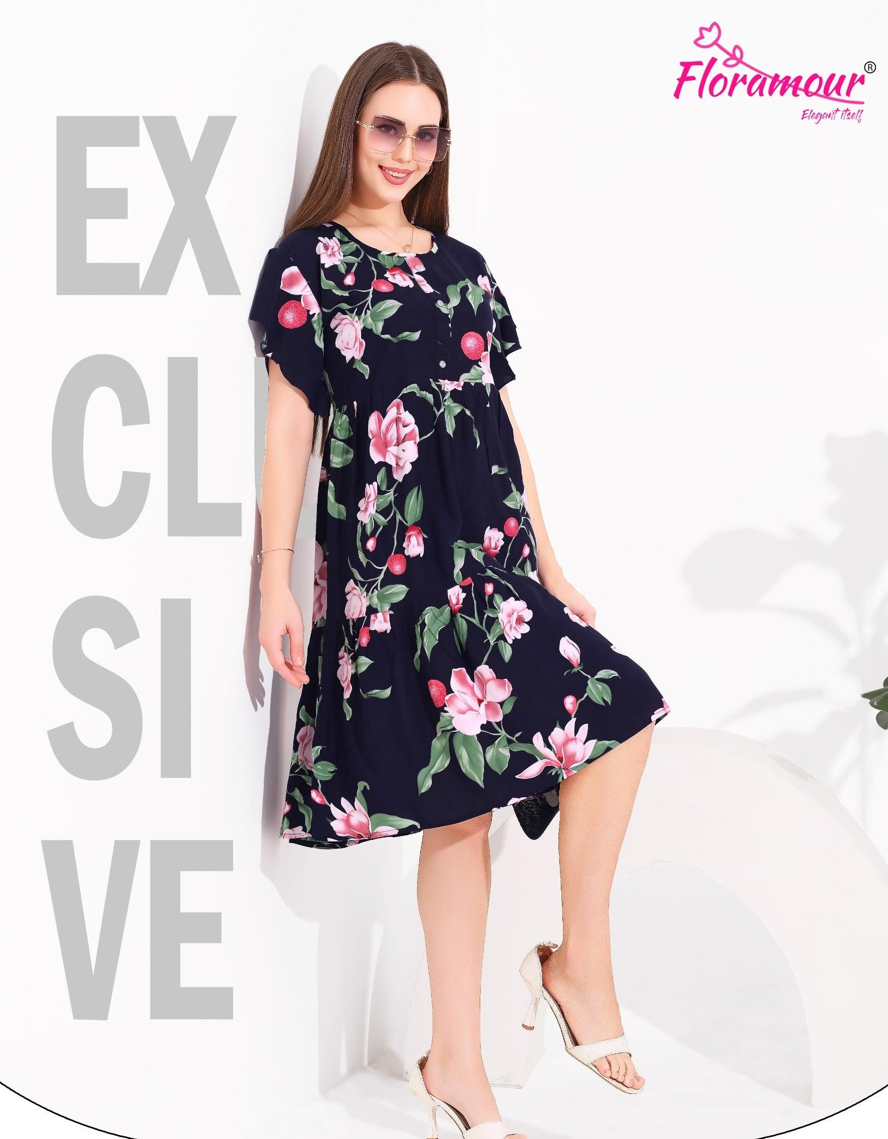 Beautiful Floral Print Rayon Short Nighty with Fancy Sleeves - floramour.in