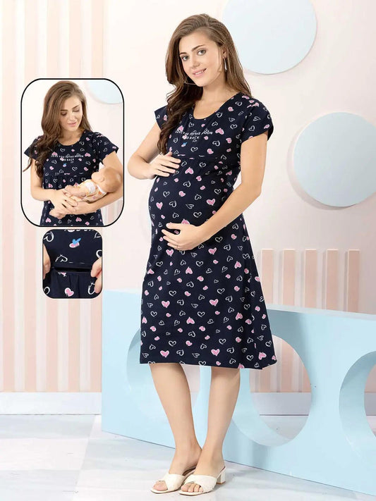 Navy Blue Maternity Nighty – Cute Heart Motif Design with Feeding Access - floramour.in