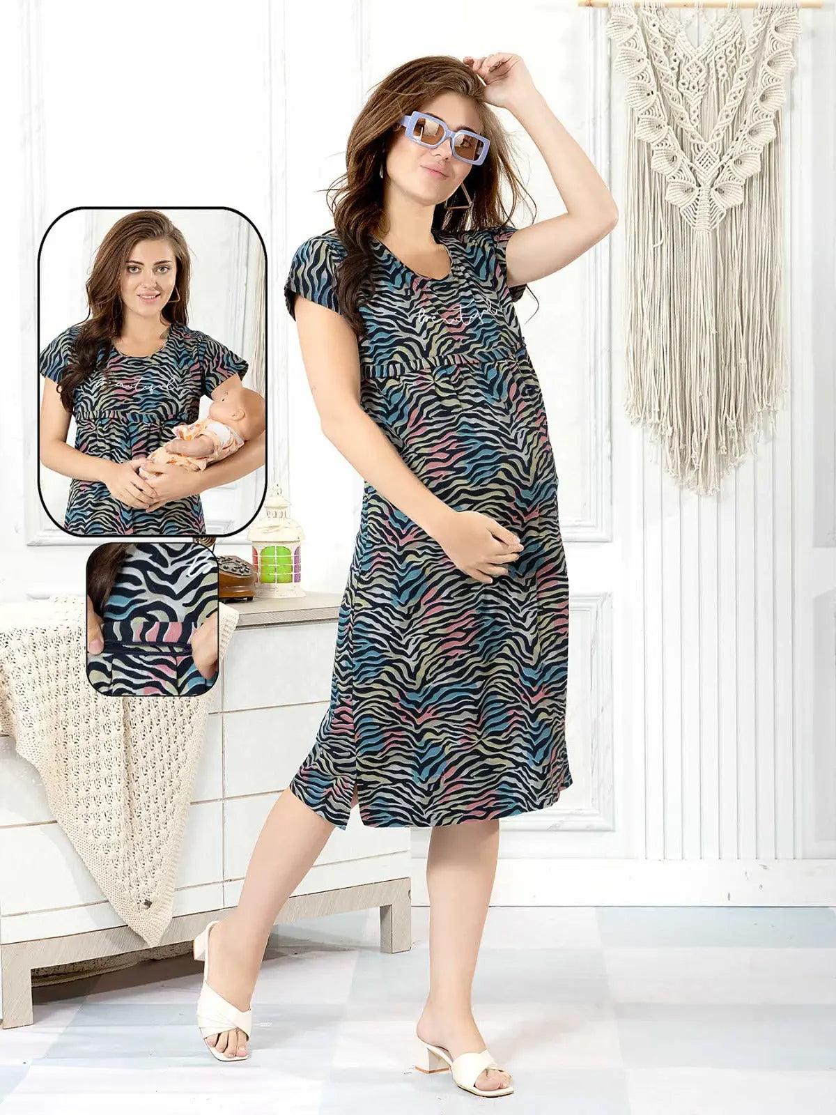 Black and Multicolour Hosiery Feeding Short Nighty – Zebra Print - floramour.in