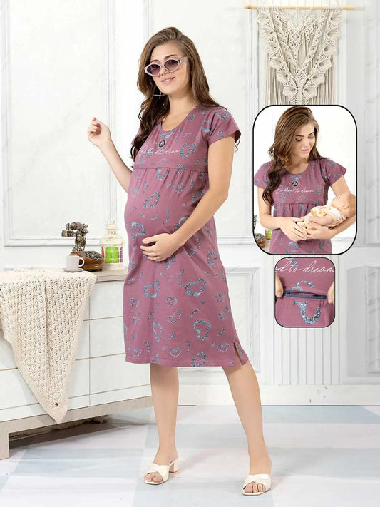 Mauve Hosiery Feeding Short Nighty – Dreamy Heart Design - floramour.in