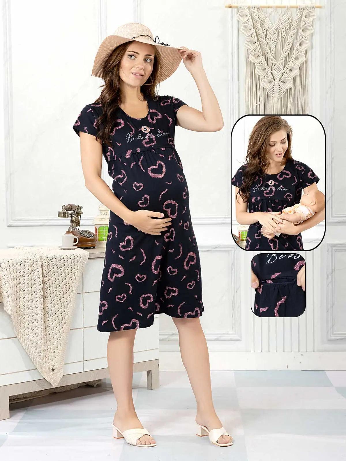 Black Hosiery Feeding Short Nighty – Pink Heart Prints with Text Detail - floramour.in