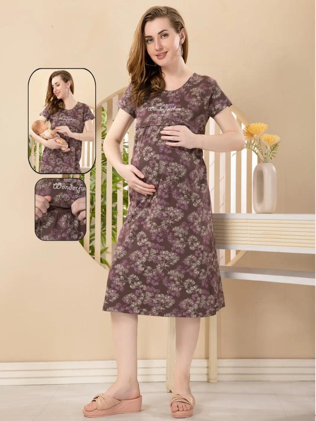 Purple Hosiery Feeding Short Nighty – “Wonderful Mom” Design - floramour.in