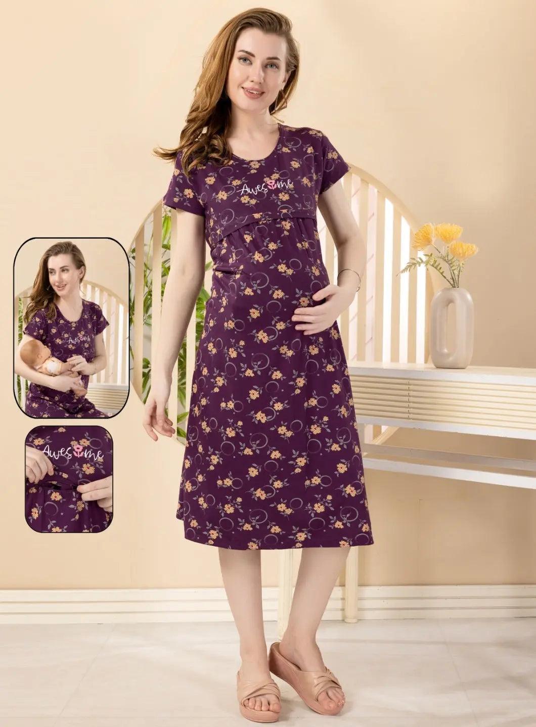 Purple Hosiery Feeding Short Nighty – “Awesome” Design - floramour.in