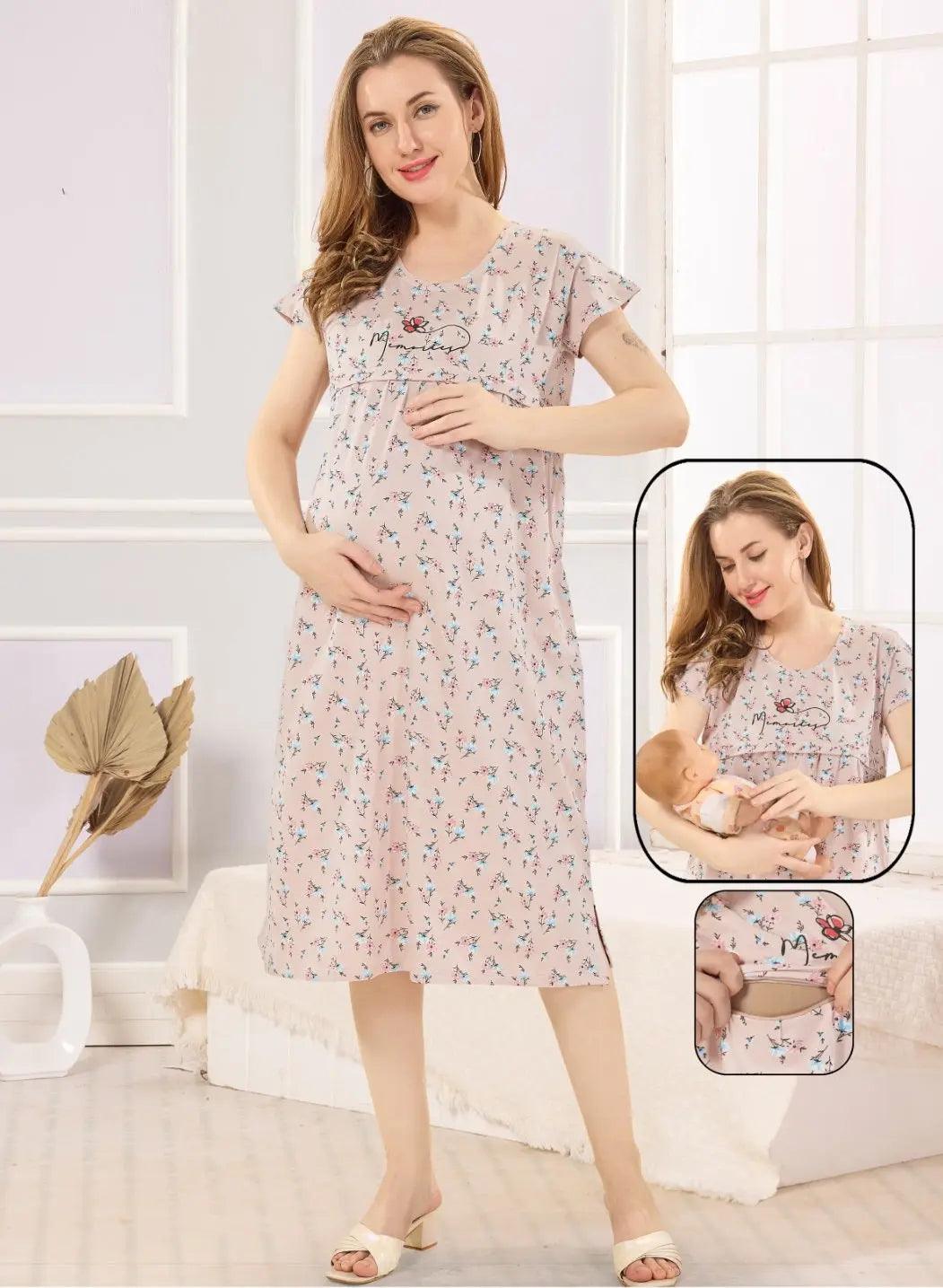 Pink Hosiery Maternity & Feeding Nighty - floramour.in