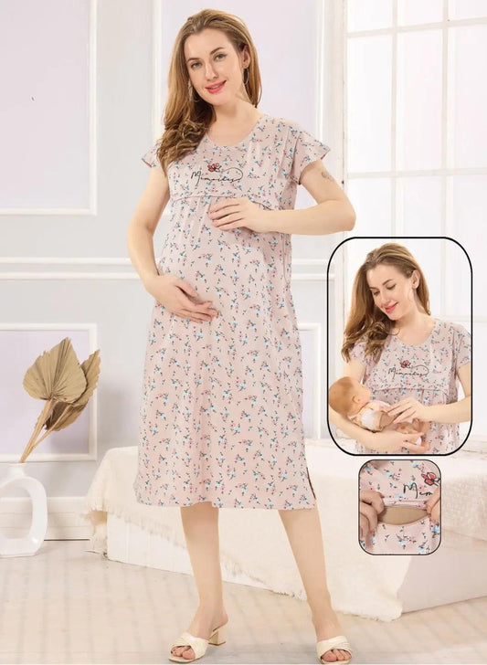 Pink Hosiery Maternity & Feeding Nighty - floramour.in