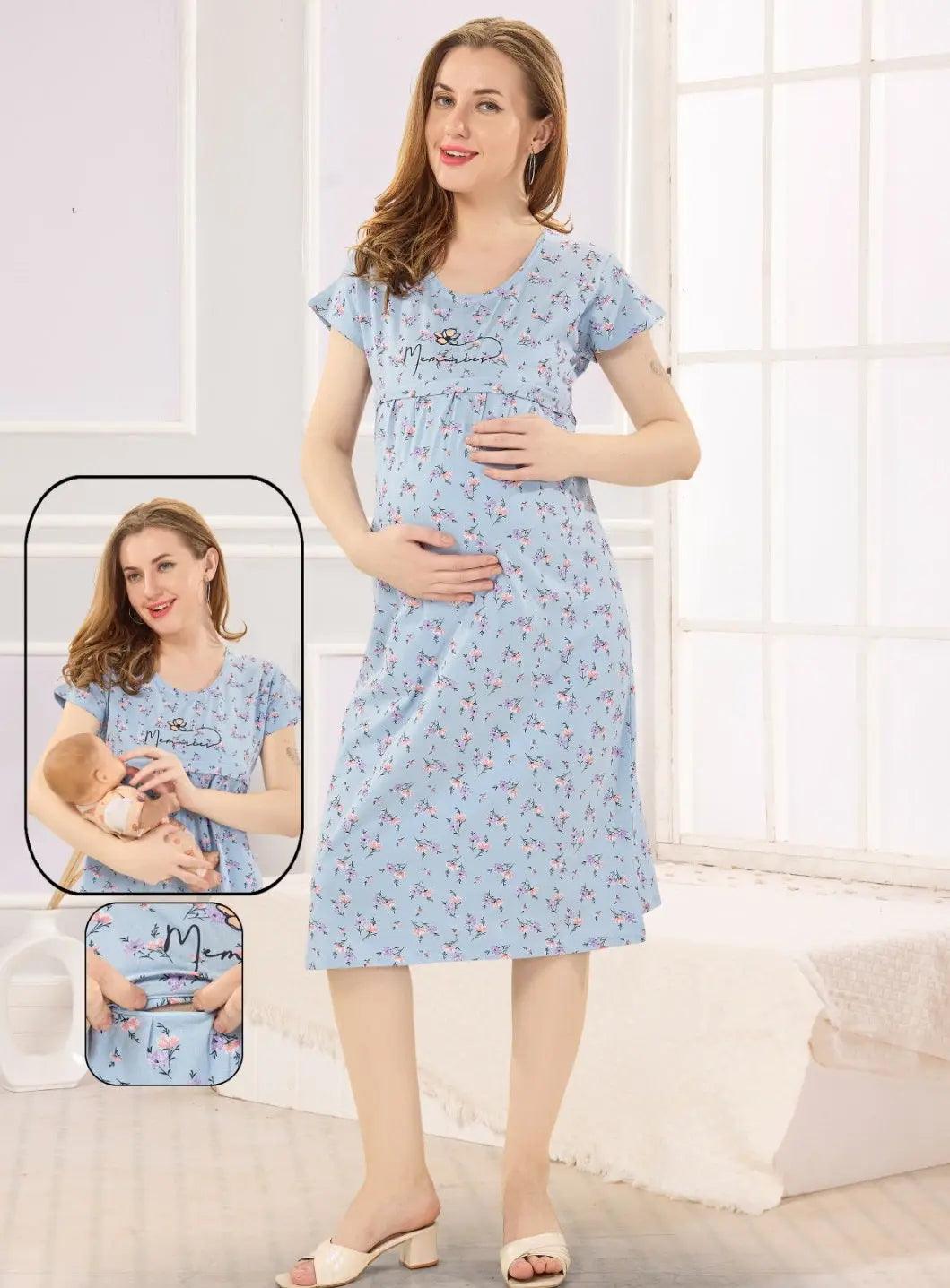 Blue Hosiery Maternity & Feeding Nighty - floramour.in