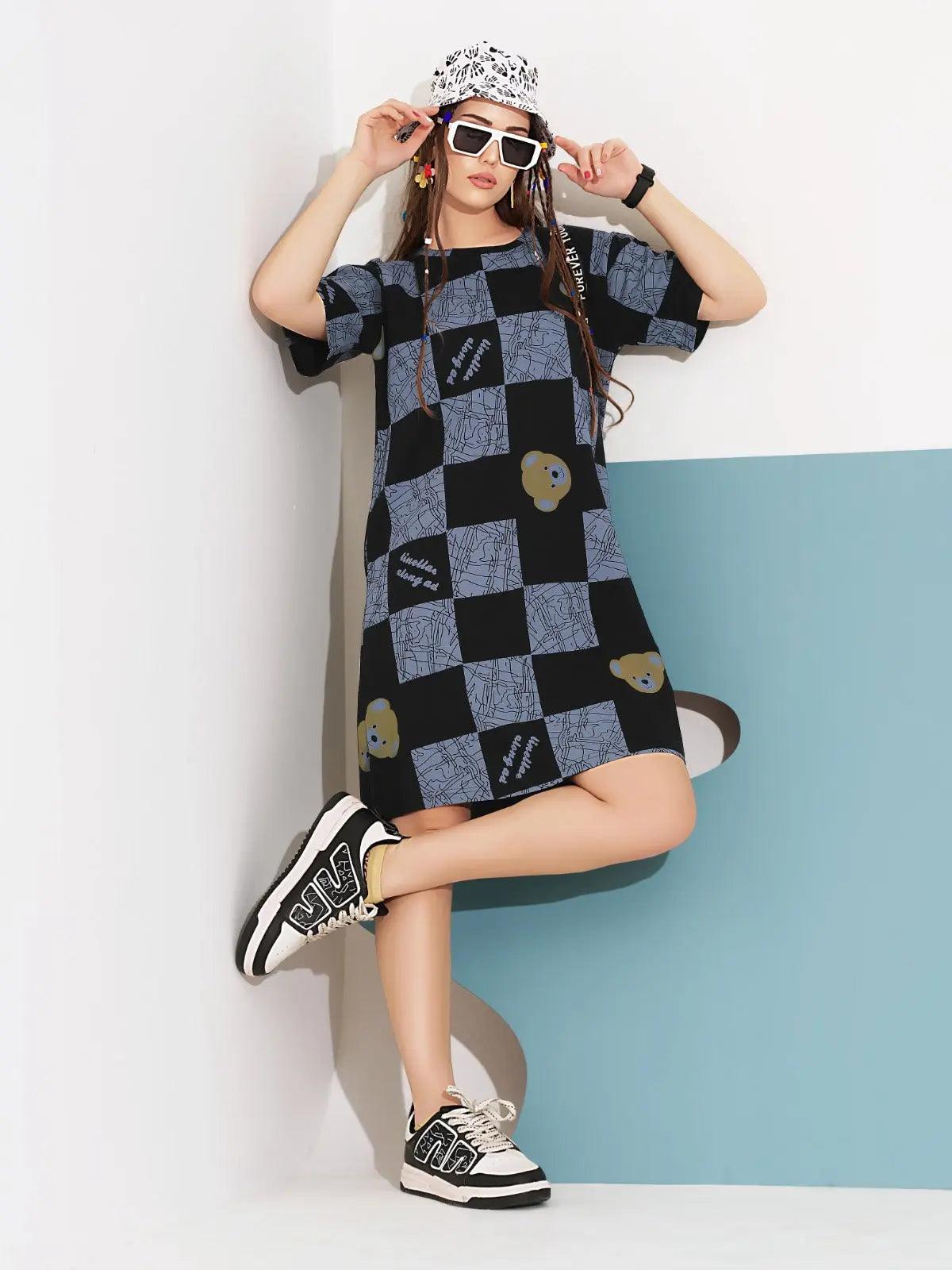 Black Hosiery Short Nighty – Modern Blue Checkered Pattern with Teddy Bear Motifs - floramour.in