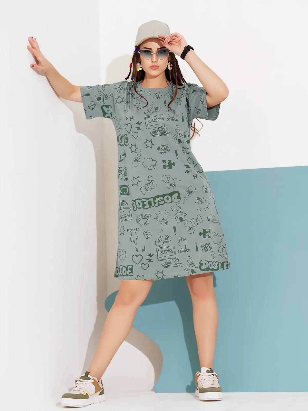 Green Hosiery Short Nighty – Fun Graphic Print - floramour.in