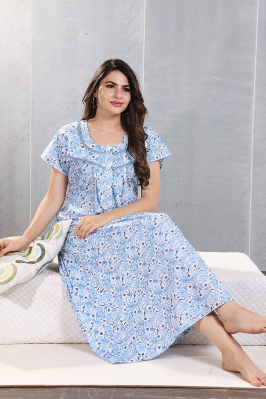 Cotton Nighty with Trendy Neck Designs - floramour.in